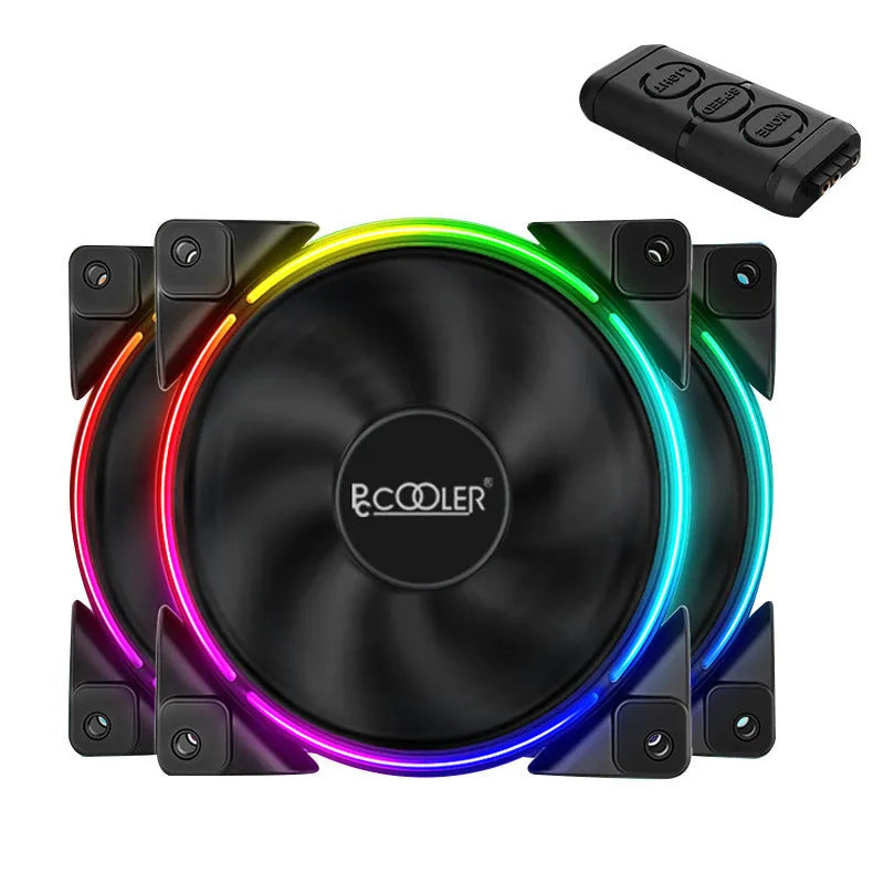 Set of three black 12cm PC case fans with illuminated RGB lighting on the blades.