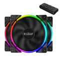 Set of three black 12cm PC case fans with illuminated RGB lighting on the blades.