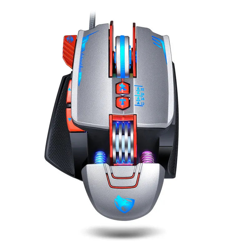 Thunder Wolf V9 black wired gaming mouse showing ergonomic shape and six programmable buttons