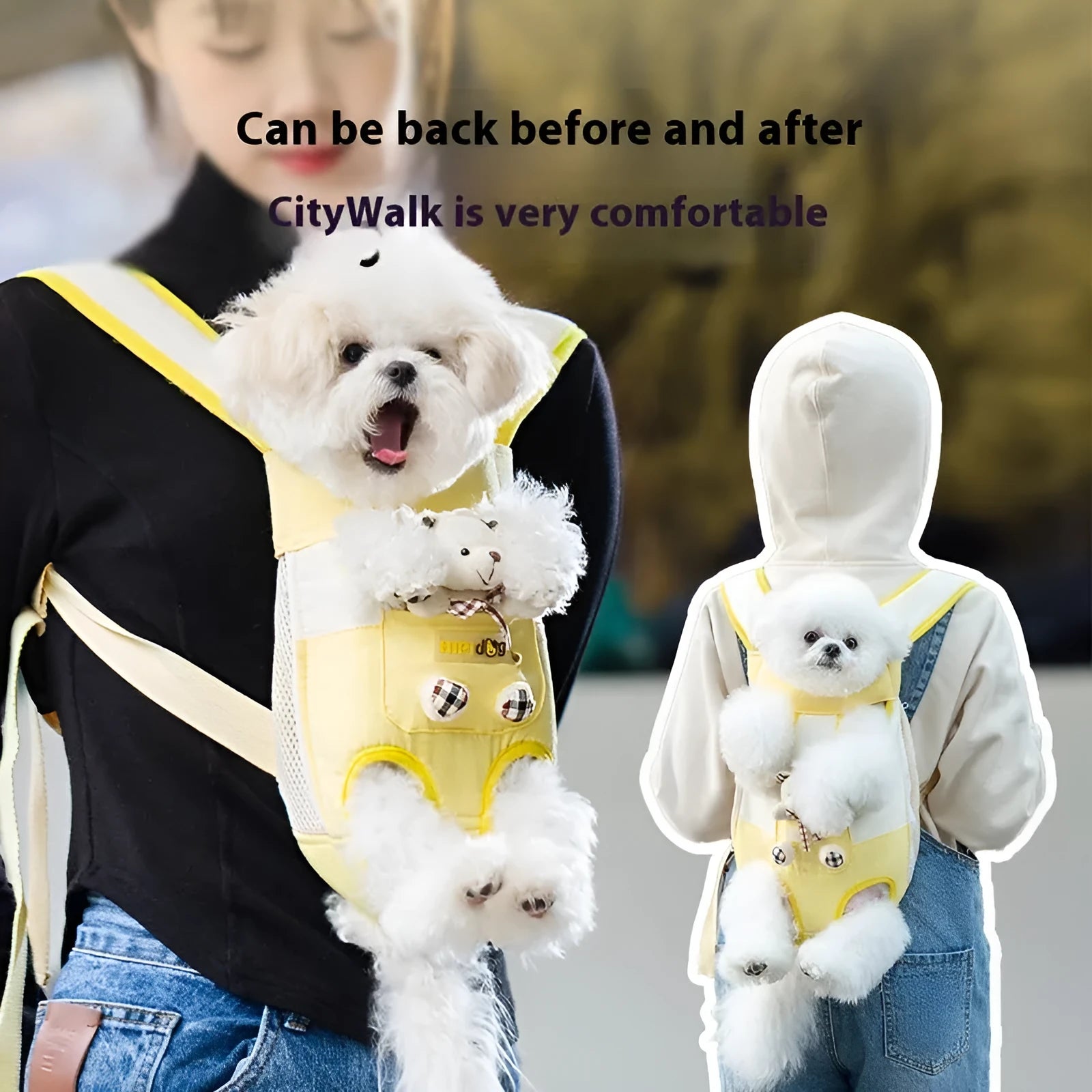 Cartoon pattern pet chest carrier bag in canvas with soft lining and colourful stitching