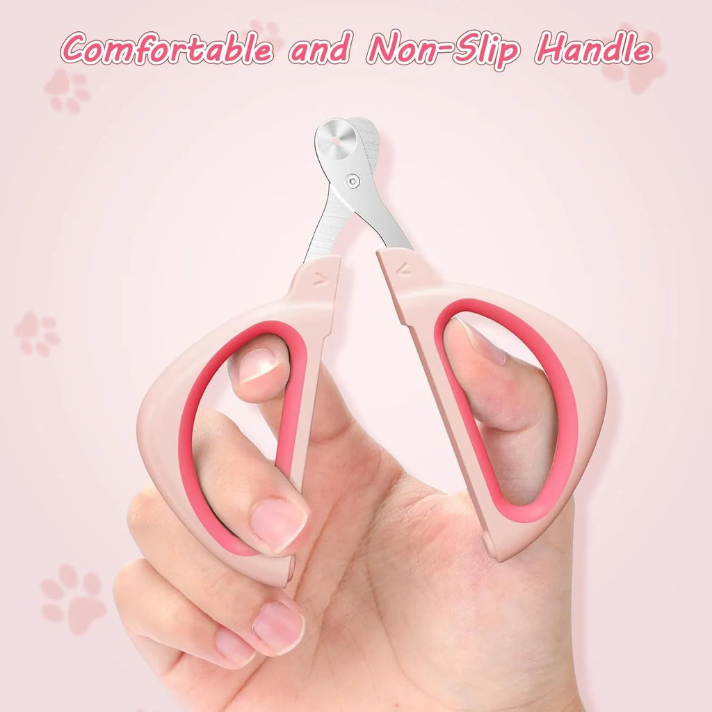 Cat nail clipper with positioning hole and non-slip handle in pink or blue colour