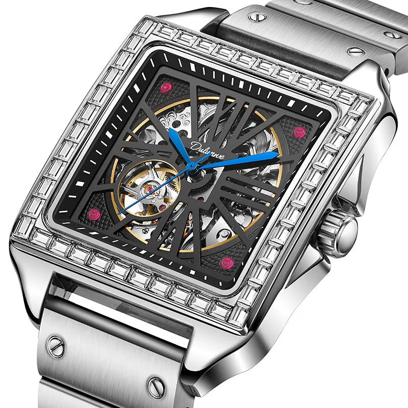 Men's square-faced automatic watch with diamond-studded bezel on a black leather strap