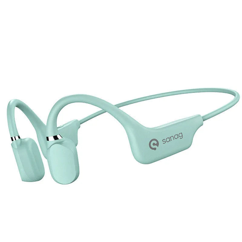 Wireless bone conduction Bluetooth headset in neckband style, shown in various colours including China Red and Mint Green.