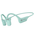 Wireless bone conduction Bluetooth headset in neckband style, shown in various colours including China Red and Mint Green.