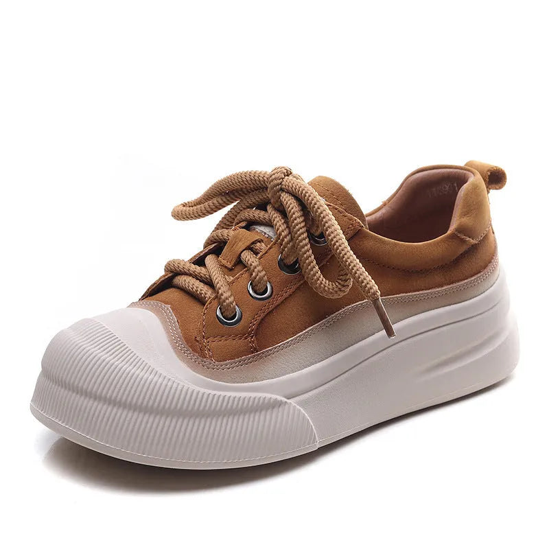 Women's round toe lace-up casual shoes in yellow leather with a rubber sole
