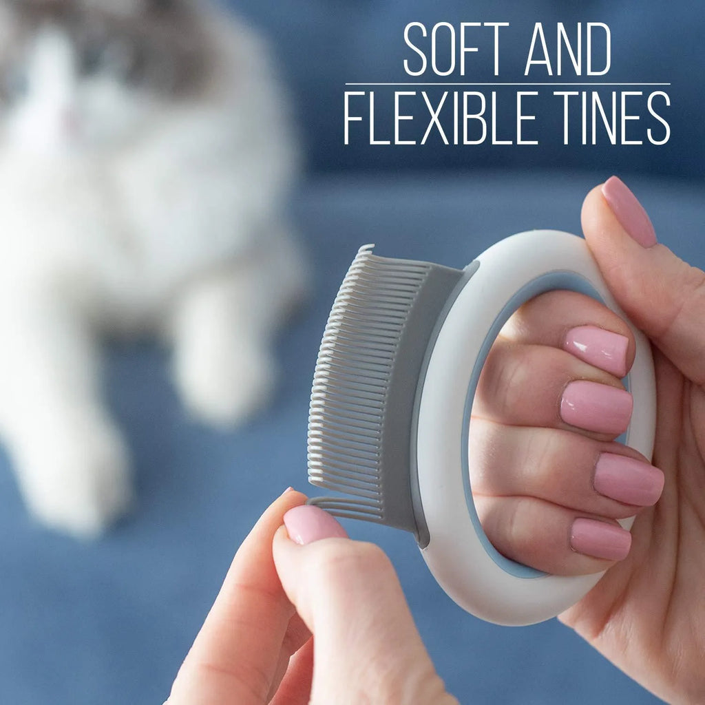 Curved pet grooming comb for cats and dogs with soft teeth and plastic handle