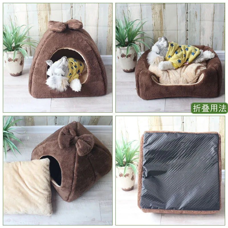 Warm enclosed yurt pet bed in flannel and sponge, foldable, for small dogs and cats, available in multiple colours.