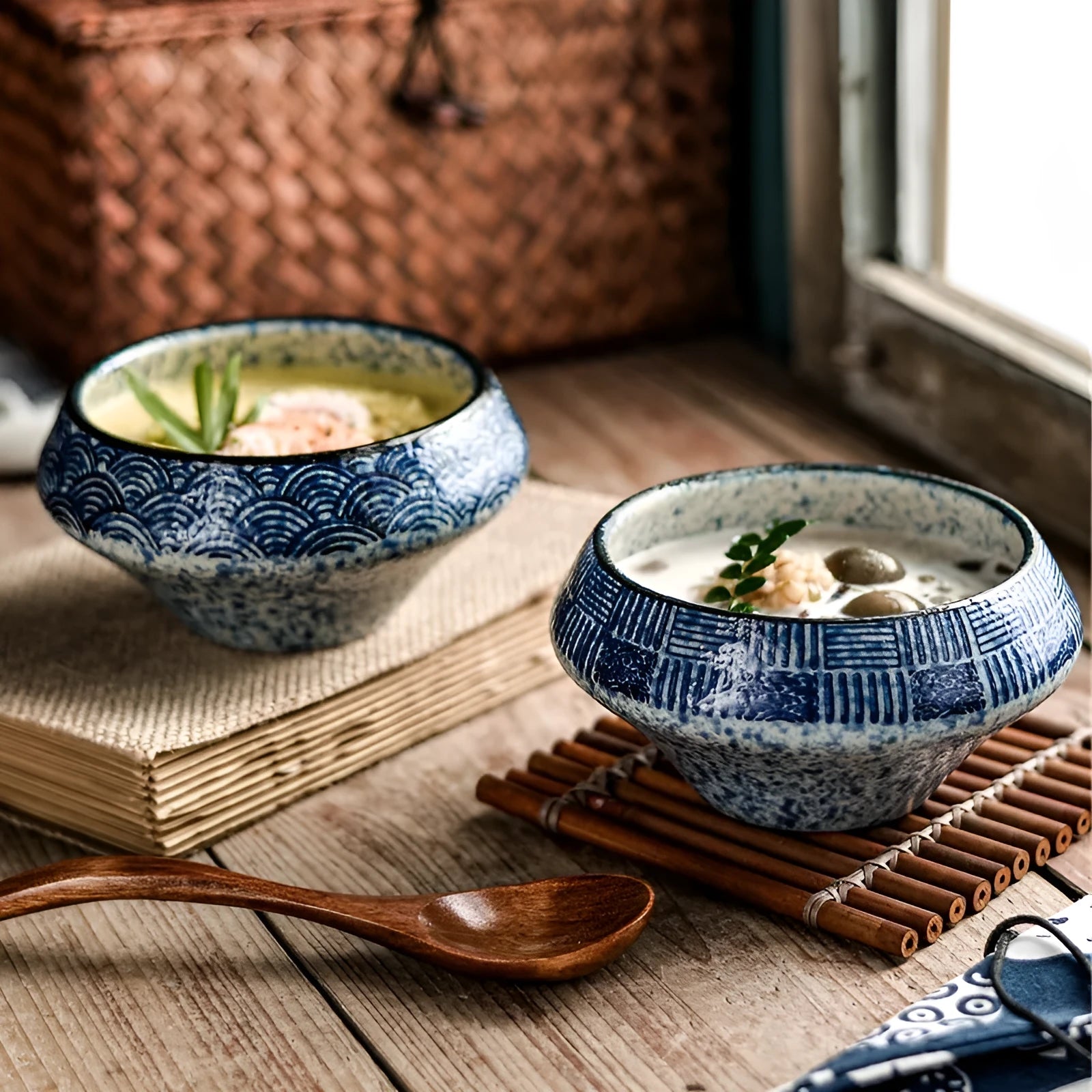 Japanese ceramic tall soup bowl with underglaze decoration in stone conch bowl pattern