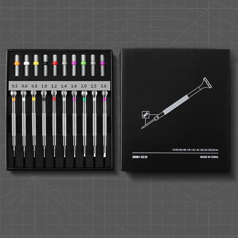 Watch repair screwdriver set with 10 pieces and 20 spare bits in boxed cross format