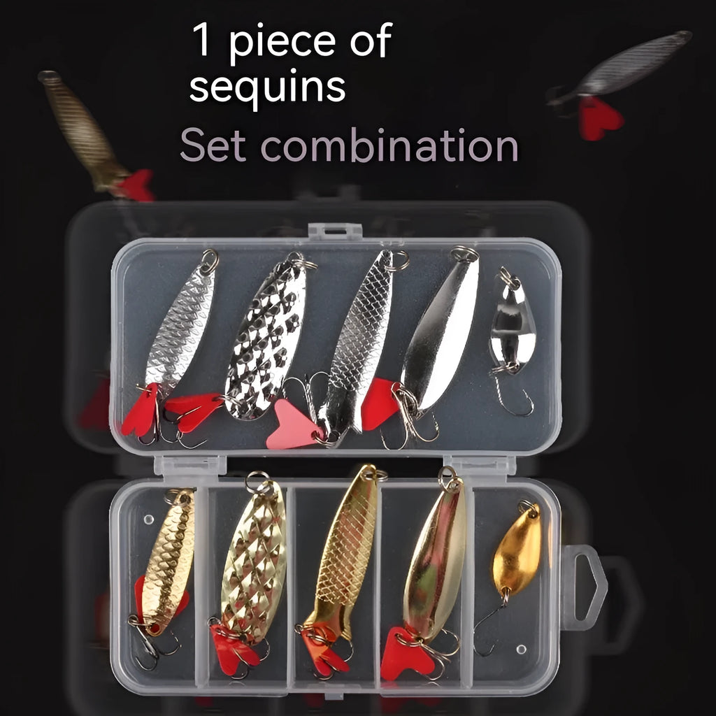 Iron fishing lure with pineapple-shaped sequin box containing gold and silver metal sequins for false bait angling