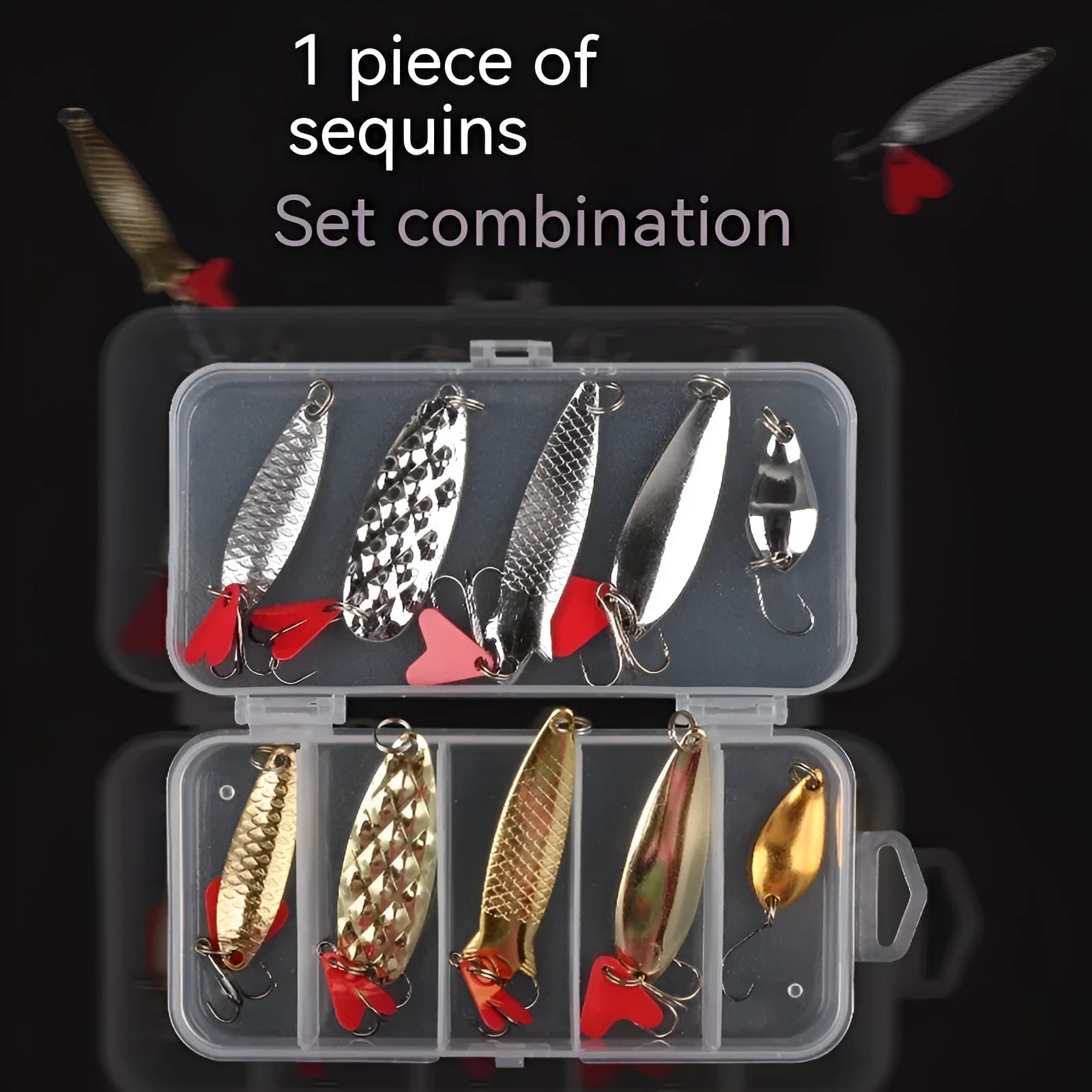 Iron fishing lure with pineapple-shaped sequin box containing gold and silver metal sequins for false bait angling