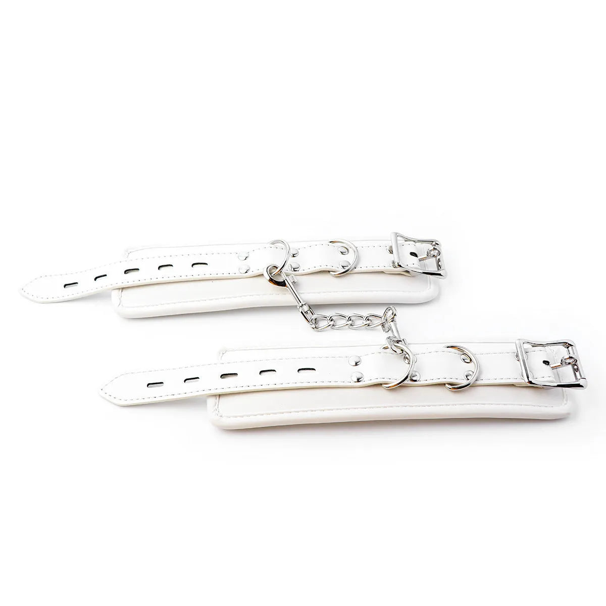 White PU sponge bondage restraint set showing handcuffs, foot cuffs and neck scarf for discipline play