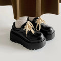 Retro British matte black high heel shoes with thick sole and lace-up buckle design for women