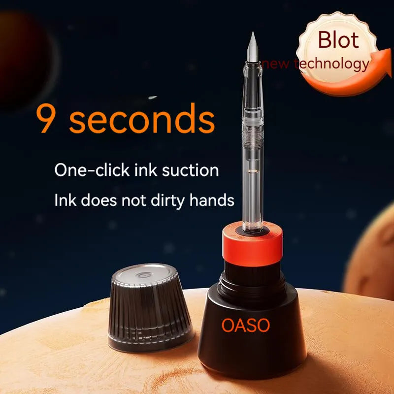 Automatic suction pen set with plastic body, two nib sizes, ink feeder, and handbag for students and office.