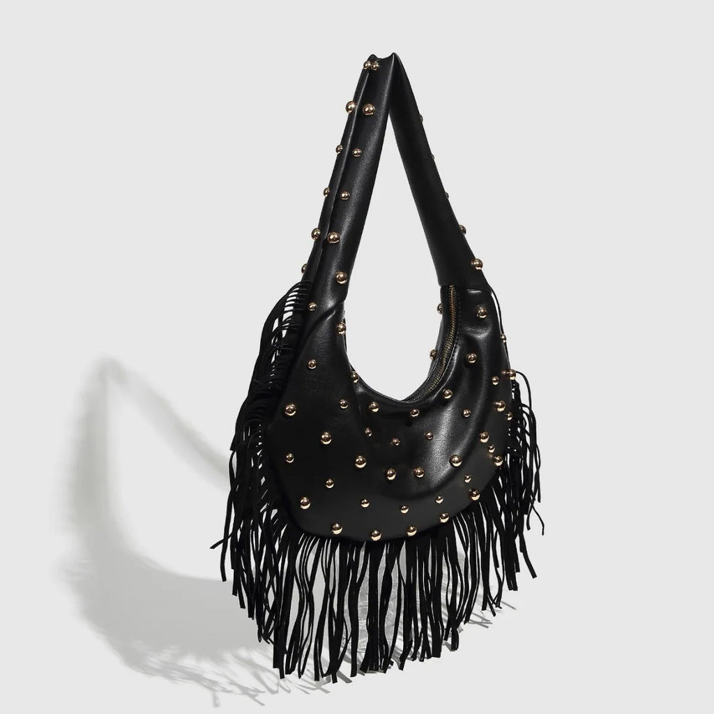 Retro tassel shoulder handbag in black or wine red with internal mobile phone compartment
