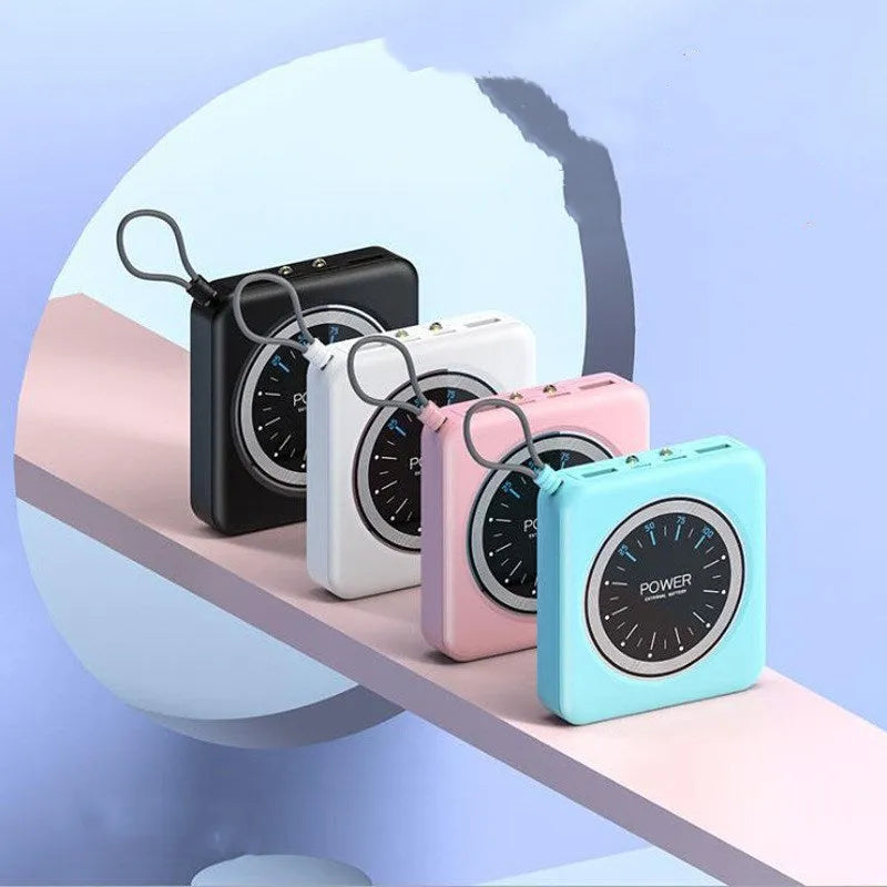 Mini portable power bank charger with a digital clock display on its front face.