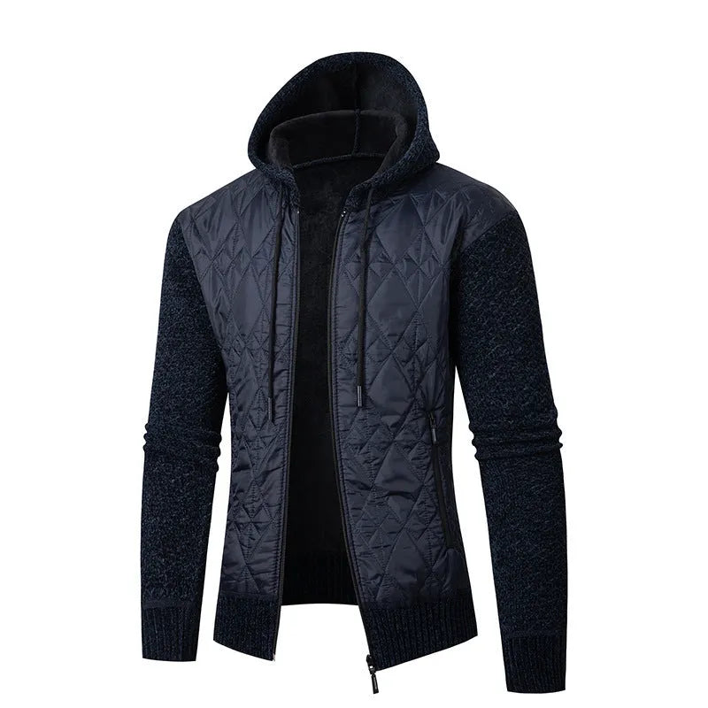 Men's grey hooded sweater coat with corduroy texture and cinched waist design