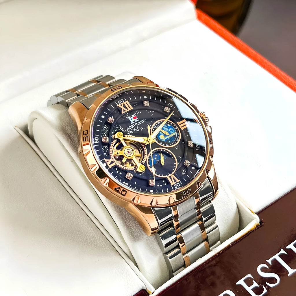 Men's rose gold and black automatic mechanical watch with large dial on wrist