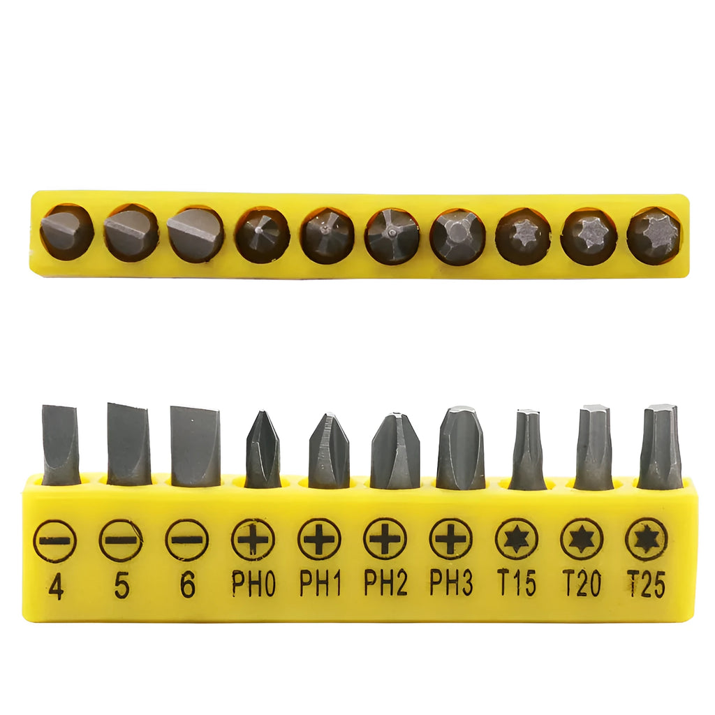 L-shaped double-headed socket wrench set with drill bits and sockets on a workbench.