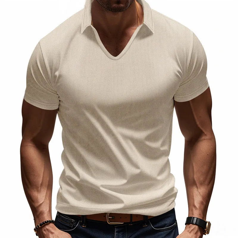 Men's loose fit V-neck cotton blend short sleeve t-shirt in apricot colour