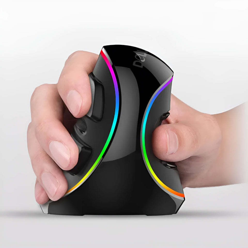 Vertical snail-shaped ergonomic wired computer mouse with RGB lighting on a desk.