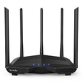 Black AC11 Gigabit wireless router showing four network ports and compact size of 220x141.5x49mm.