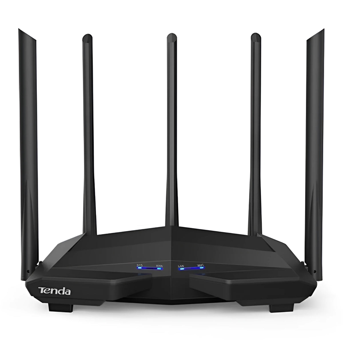 Black AC11 Gigabit wireless router showing four network ports and compact size of 220x141.5x49mm.