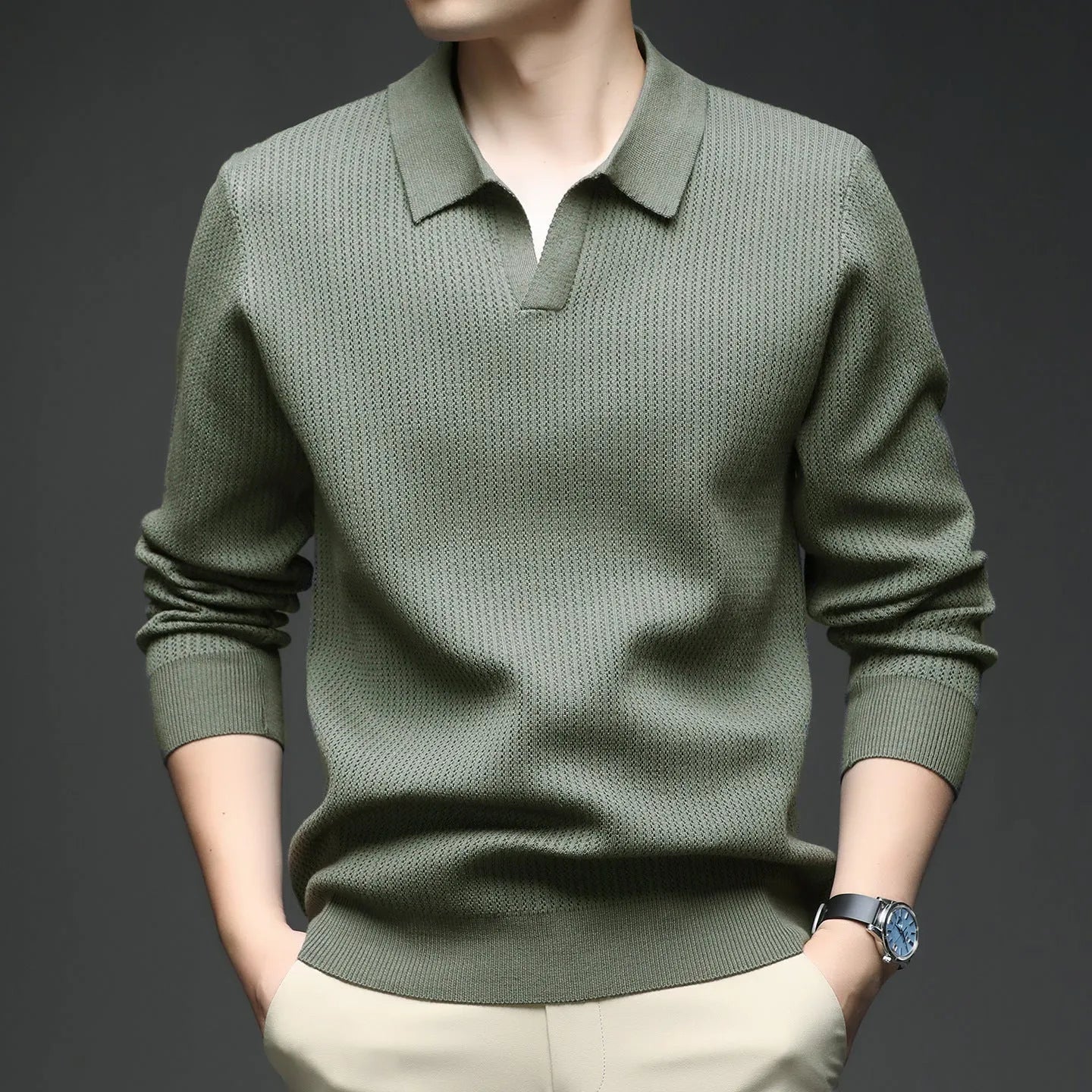 Men's loose pullover sweater in green black camel and brown colours for autumn casual wear