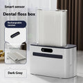 Automatic rechargeable dental floss box in dark grey, gold, and light grey colour options showing pop-up floss mechanism.