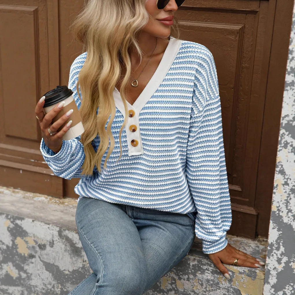 Women's V-neck patchwork pullover top with button detailing in loose casual fit
