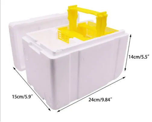 Three white EPS foam mini delivery boxes for bee mating and breeding arranged on a flat surface