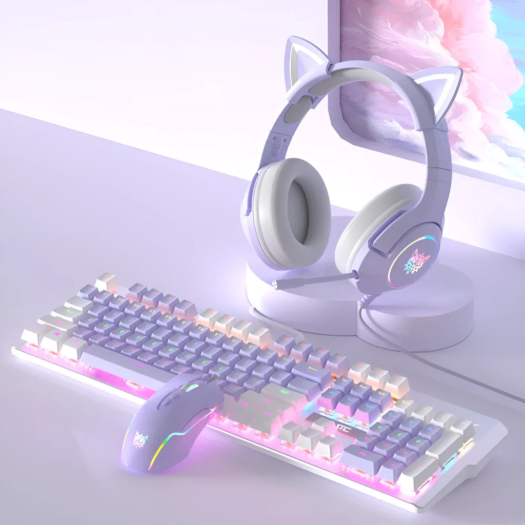 Purple and white wired mechanical keyboard and mouse combo set on a desk.