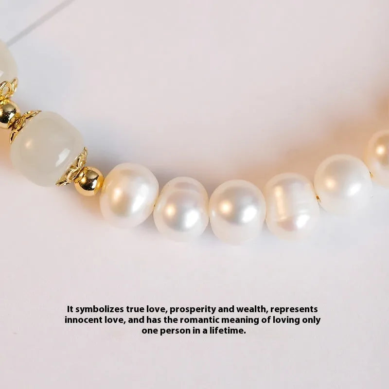 Korean style freshwater pearl bracelet with diamond-shaped electroplated beads in Hetian jade colour