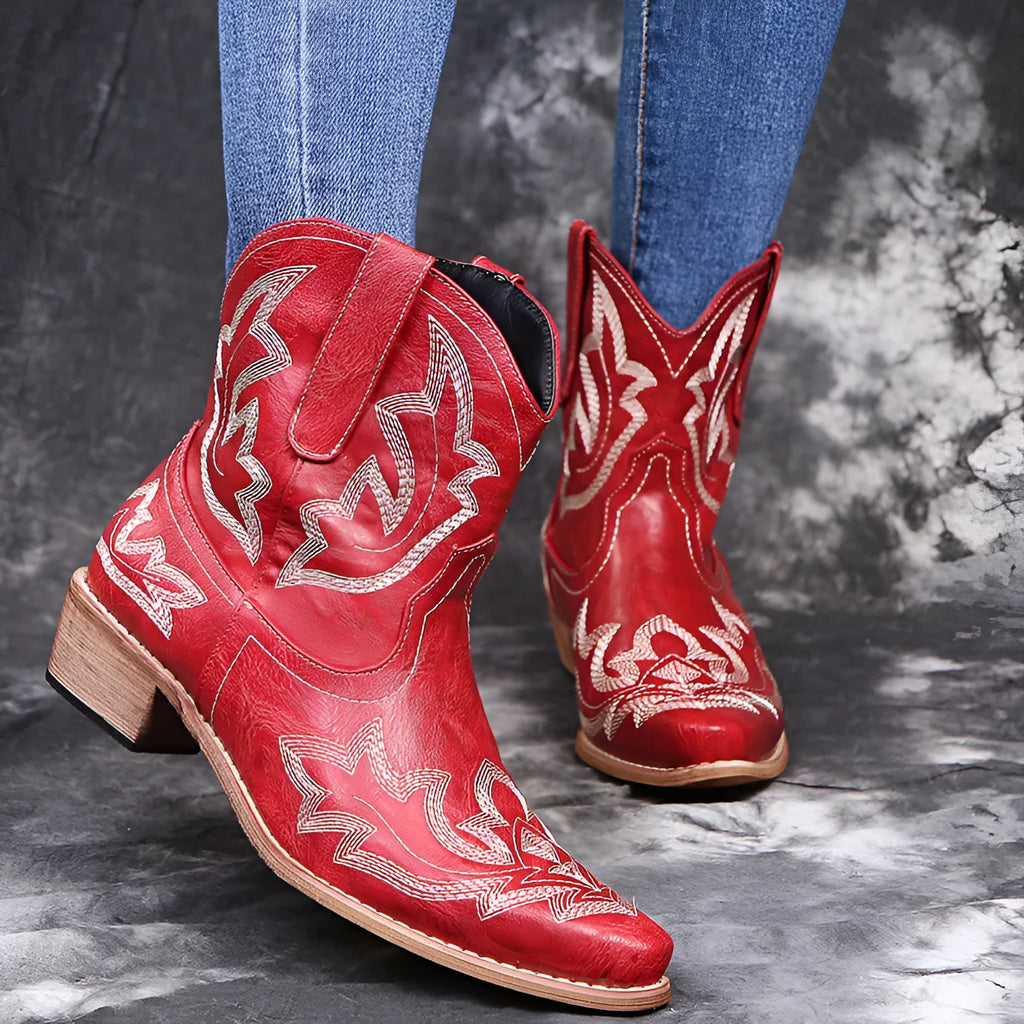 Women's cowboy boots with embroidery decoration and low wedge heel in blue colour