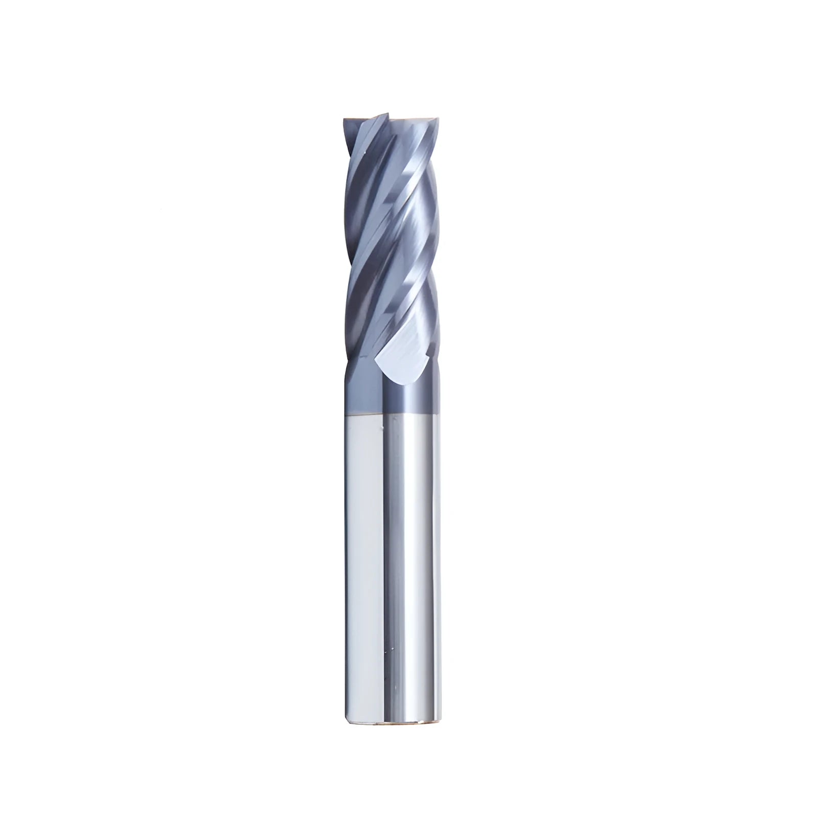 Carbide milling cutter with spiral flutes and straight shank on a grey background.