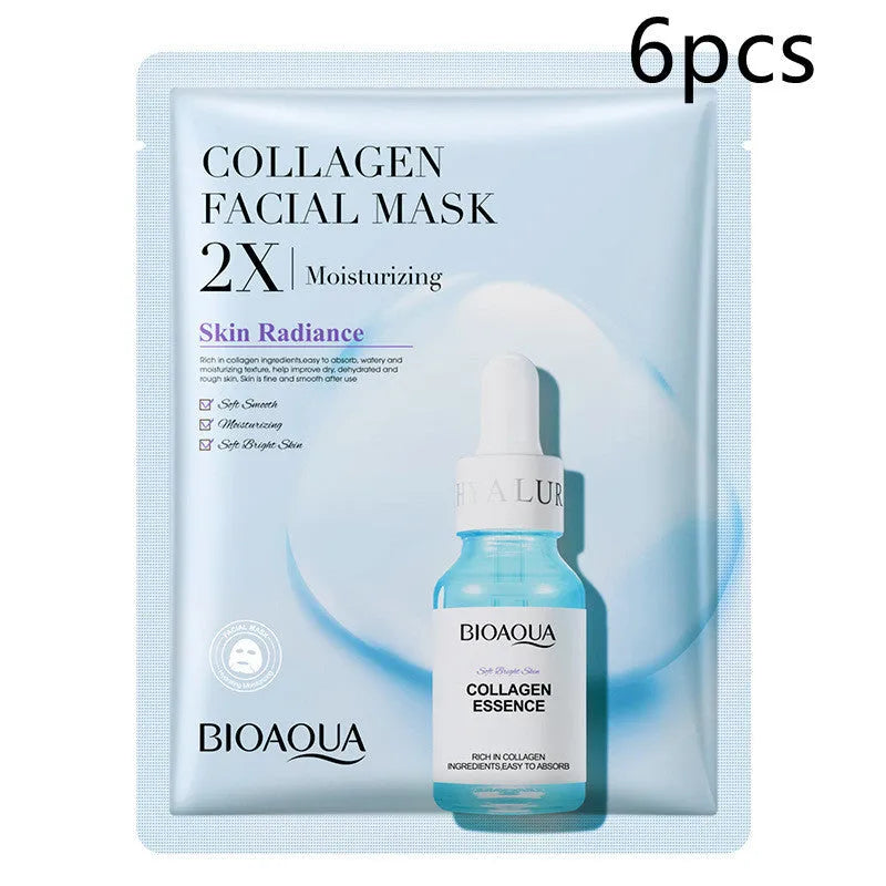 Single-use facial sheet mask with gel serum, shown in Centella, Collagen, Hyaluronic Acid or Vitamin C variants.