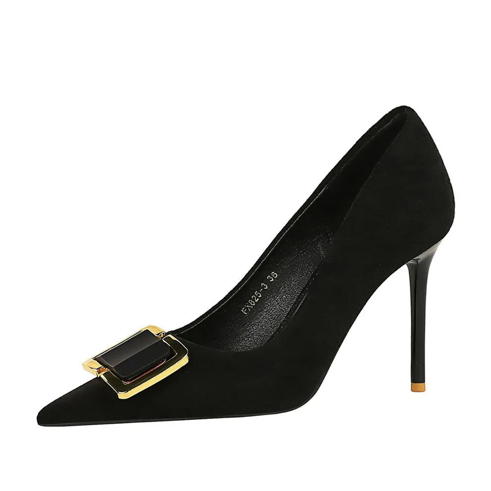 Black suede women's stiletto high heels with a pointed toe and a 9CM high heel on a rubber sole.