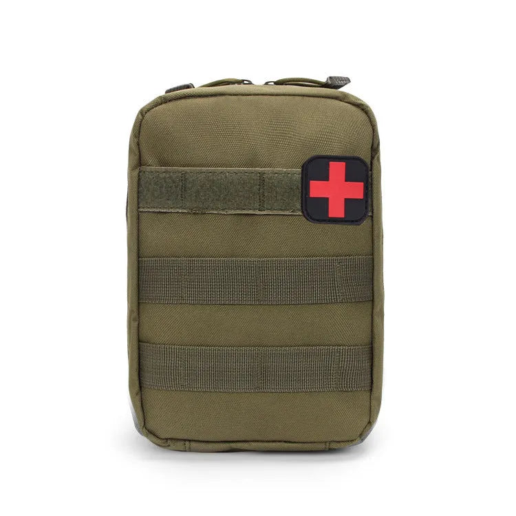 Army green tactical medical accessory bag with Velcro straps, shown with dimensions 15cm by 21cm by 11cm.
