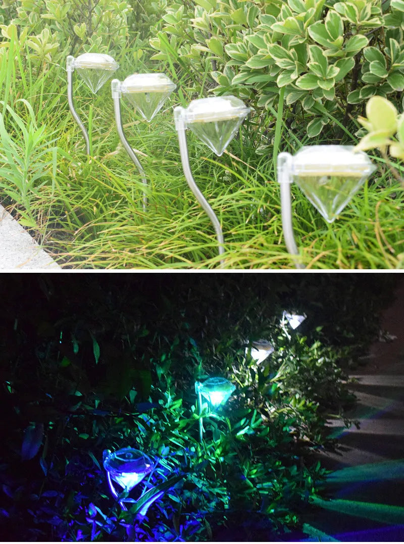 White solar-powered LED garden spotlight with adjustable angle and solar panel on a stake.