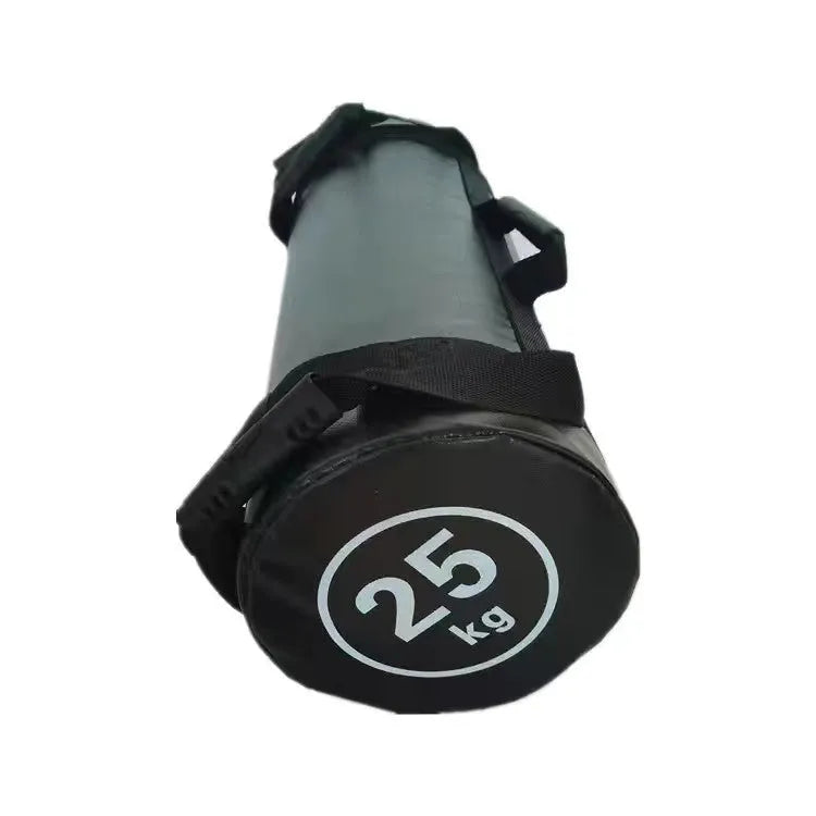 White PVC fitness training sandbag on gym floor, available in weights from 5KG to 30KG.