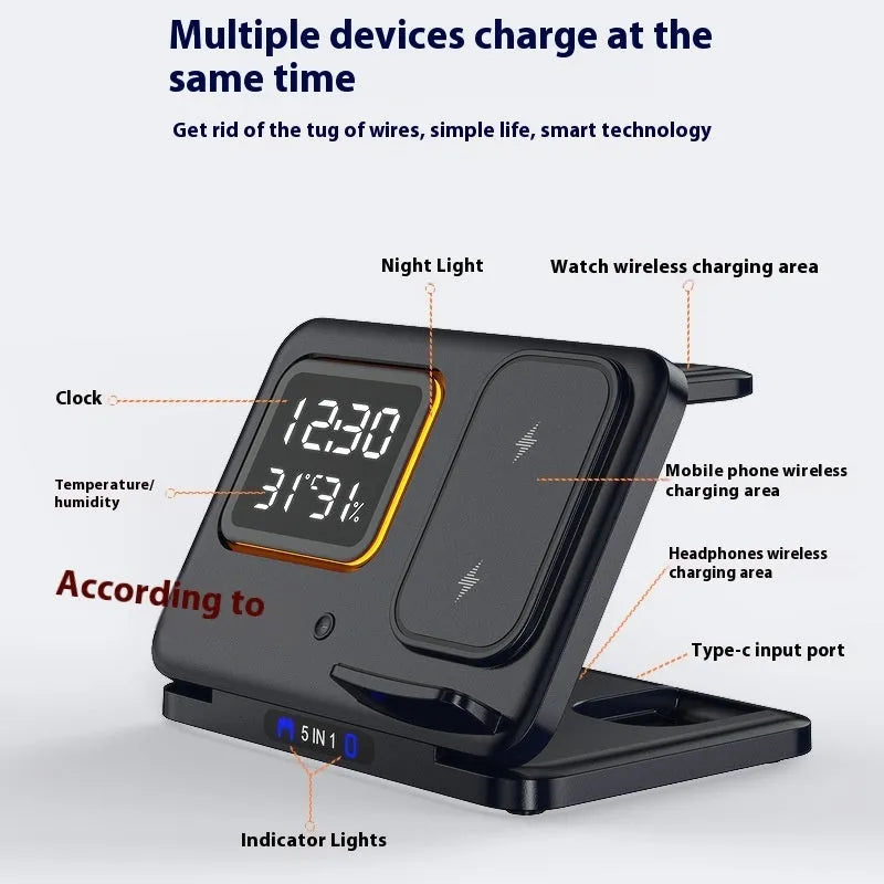Black wireless charging station with digital clock display showing time and temperature, charging smartphone and smartwatch