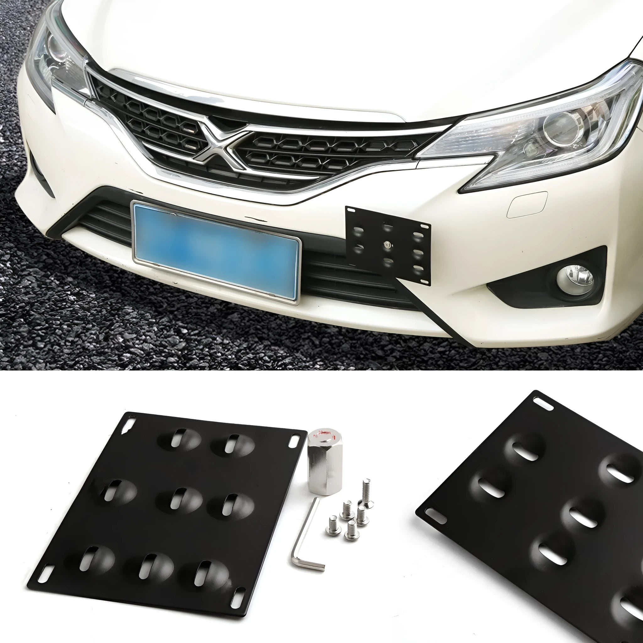American license plate frame with integrated trailer hook for car modification, shown with screws and nuts.