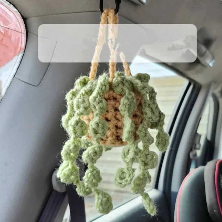 Green and white knitted wool car plant decoration hanging from 25cm white rope