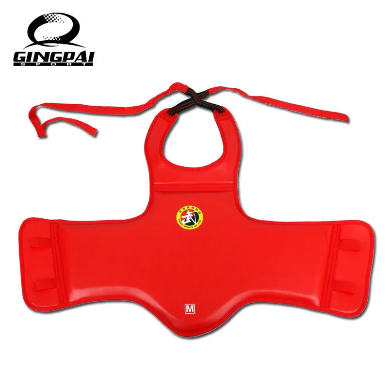 One-piece red boxing helmet and chest protector for training.
