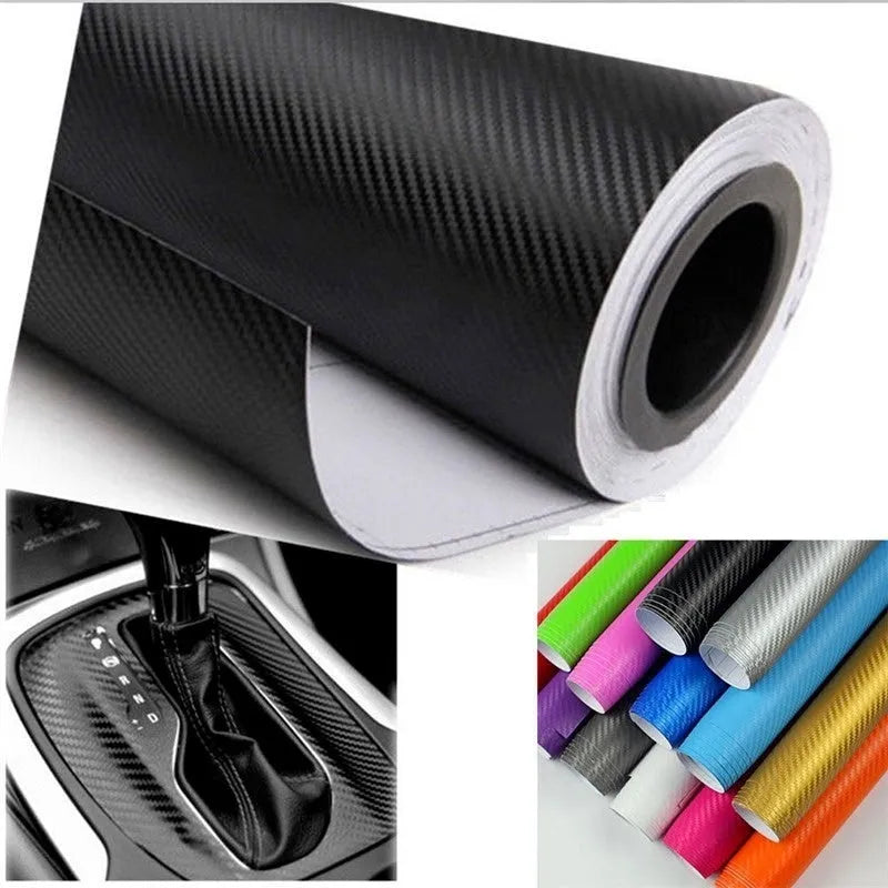 Roll of black 3D carbon fibre texture adhesive sticker for car decoration, showing textured pattern.