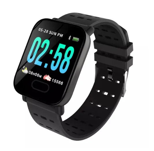 A6 colour screen smart bracelet with black silicone strap showing 1.3-inch display