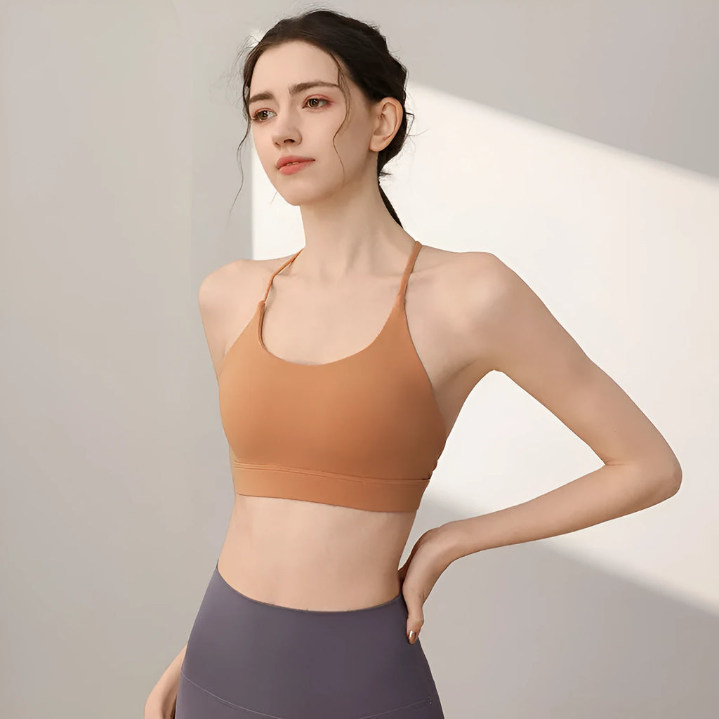 Women's nylon sports vest with fixed double-shoulder straps in multiple colours.