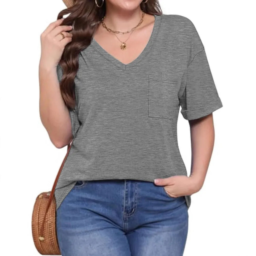 Grey loose fit V-neck T-shirt with front pocket and short sleeves
