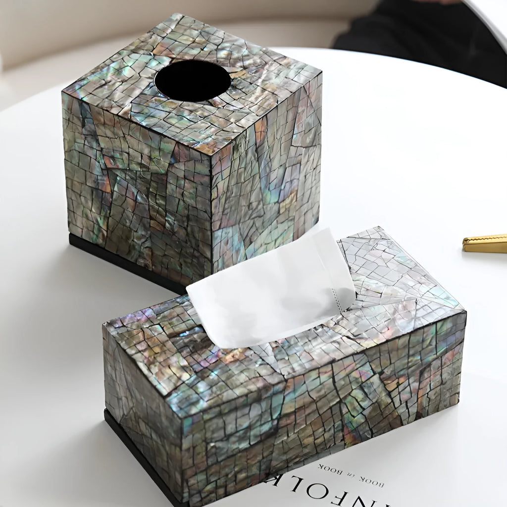 Black shell tissue box storage container with removable organisation tray on wooden table
