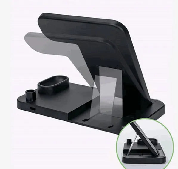 4-in-1 wireless charging station showing phone, Apple Watch, and AirPods charging on adjustable magnetic stand.